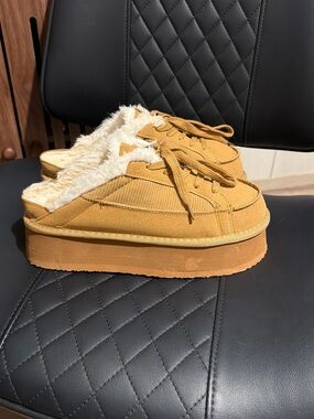 Faux-Fur Lined Platform Mule Sneakers in Mustard